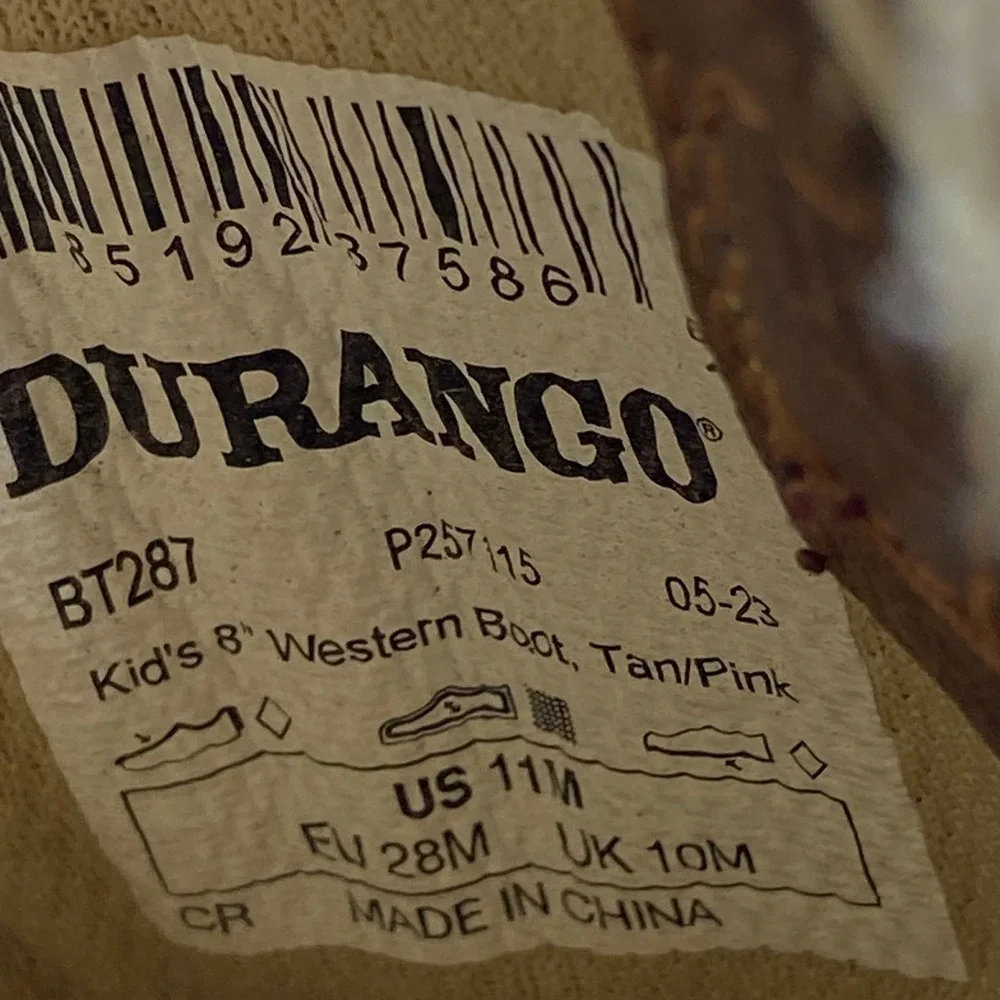 Durango Lil Durango Kids 8 Inch Western Boots Tan Pink BT287 Square Toe Size 11M